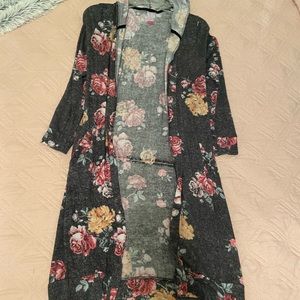 Grey Floral Knee Length Sweater Hoodie